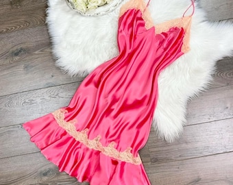 Vestido lencero de seda pura rosa intenso vintage Y2K de Victoria's Secret, talla M/L