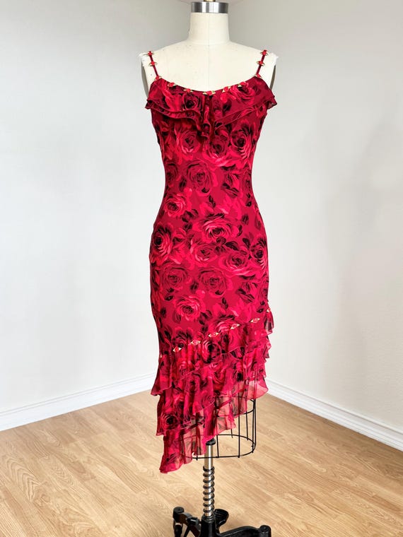 white christmas dresses Small 90s Cache Red Silk Ruched Party Dress – Flying Apple Vintage main image 1