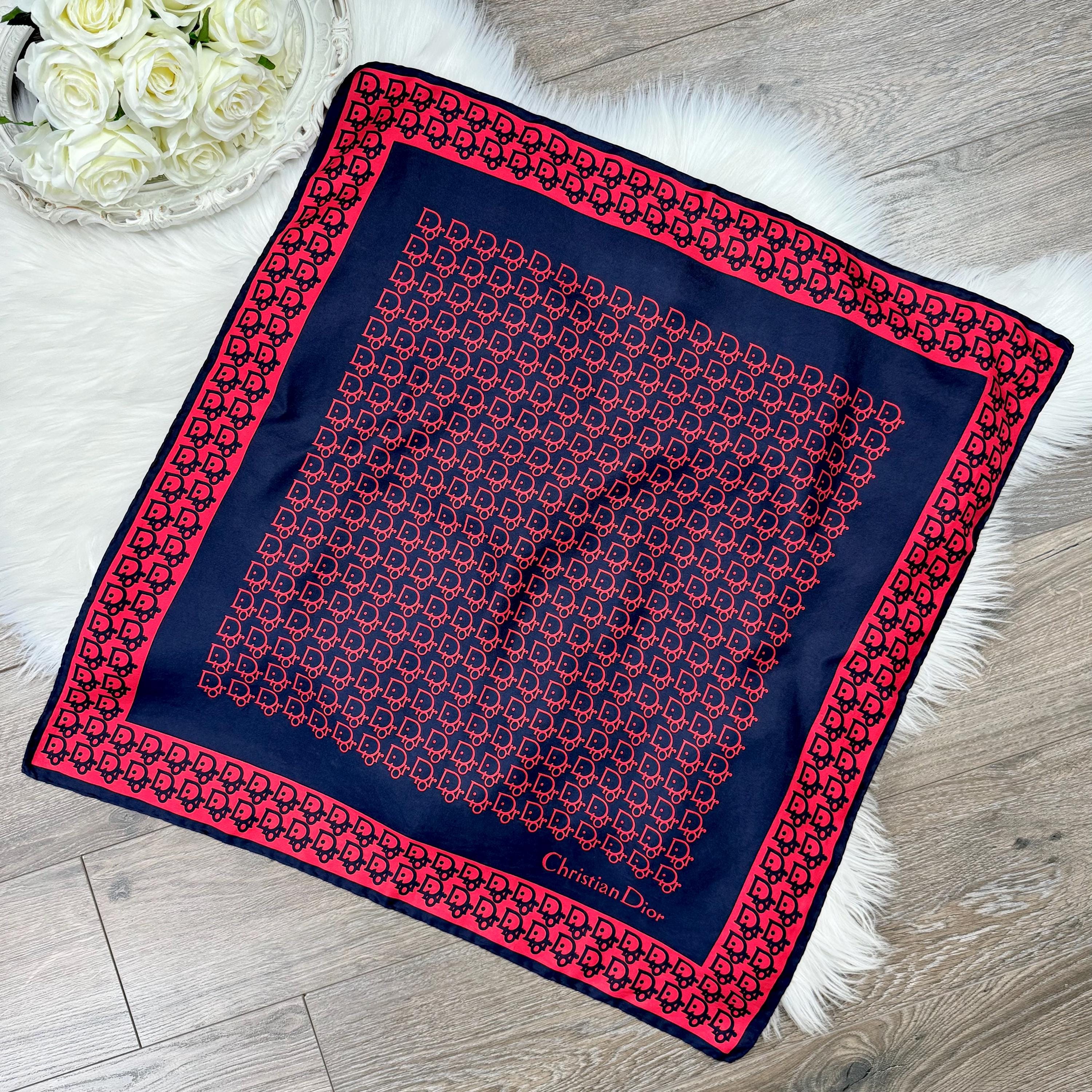 Vintage 90s Christian Dior Pure Silk Red and Navy Monogram Print