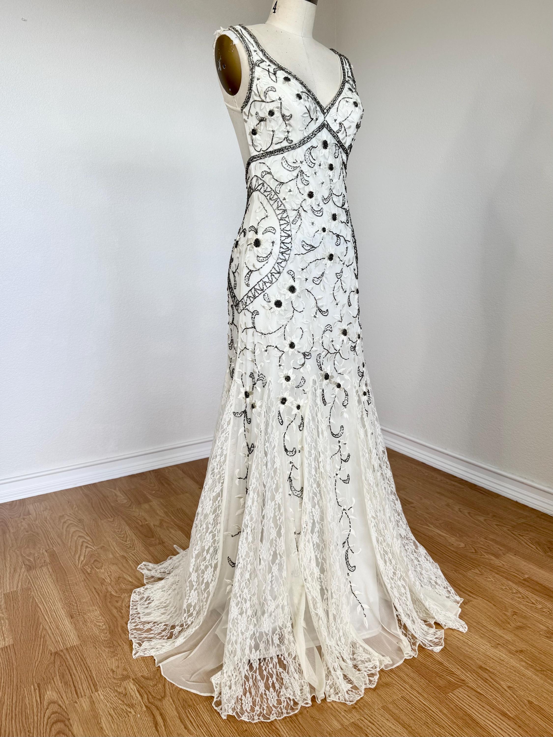 Sz 2 Vintage Y2K Sue Wong Ivory Beaded Lace Formal Wedding Prom