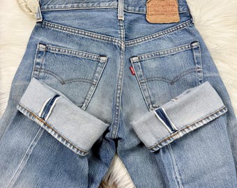 XS/24/25 Vintage 80s 501 Medium Wash Distressed Selvedge Redline Slim Fit Straight Leg Levis