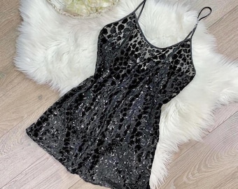 Sz M/L Vintage 90s Valentino Silky Black Velvet Chiffon Lingerie Short Slip Dress