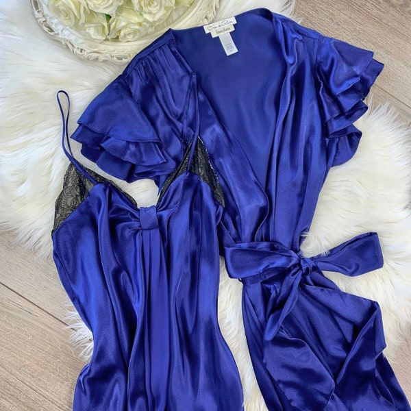 Sz S/M Vintage Oscar de la Renta Silky Royal Blue Peignoir Lingerie Matching Sleep Set