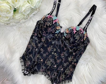 Sz 34B Y2K 00s Chantal Thomass für Victorias Secret Französisches Designer-Schwarzes und Mehrfarbiges Spitzen-Bustier-Korsett