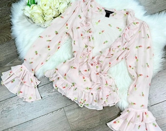 Größe S Vintage Y2K Moda International rosa Wickelbluse aus reinem Seidenchiffon mit Blumenmuster, Wickeloberteil aus reiner Seide, Wickelbluse, Größe S