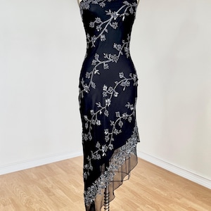 Sz XS Vintage Y2K Scala Black Pure Silk Beaded Asymmetrical Party Cocktail Prom Dress
