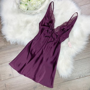 Sz XS Vintage Y2K Victorias Secret Deadstock Pure Silk Plum Purple Lingerie  Slip Dress
