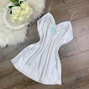 Sz M Vintage 90s Val Mode White Satin Floral Embroidered Lingerie Slip Dress