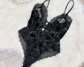 Sz XS Vintage 90s Victorias Secret Gold Label Black Velvet Burnout Lingerie Teddy Bodysuit