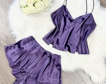 Sz M Vintage 90s Victorias Secret Deadstock Purple Pure Silk Lingerie Sleep Set