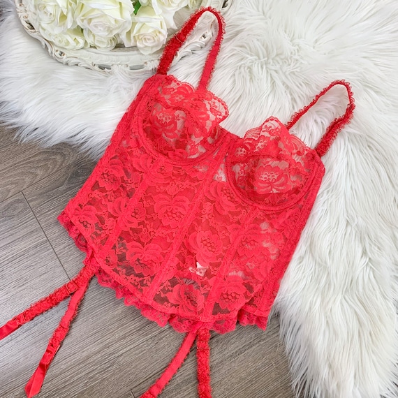 36 B/C Vintage Jezebel Red Lace Lingerie Bustier … - image 1