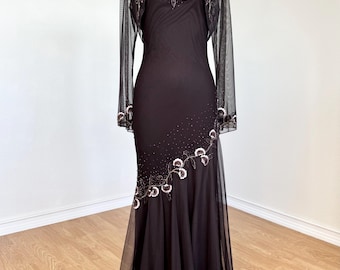 Vestido de fiesta formal vintage Y2K Xscape de seda pura marrón oscuro con cuentas, talla 4P//XS/S