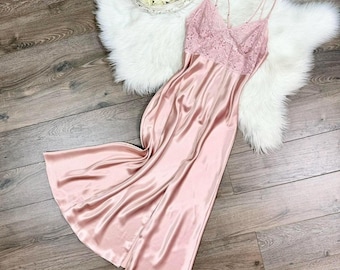 Sz M Vintage 90er Jahre Victorias Secret Pinkes seidiges Wäsche-Slipkleid