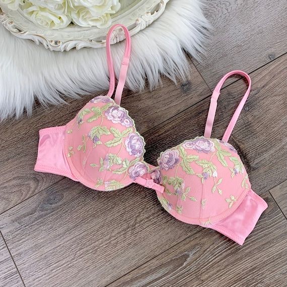 36A Vintage Lily of France Pink Floral Embroidered Lingerie Pushup Bra 