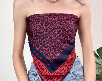Vintage Christian Dior Pure Silk Red and Navy Monogram Print Scarf