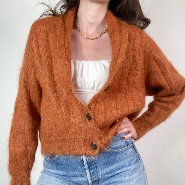 Pull cardigan orange citrouille en mohair Jeanne Pierre taille S/M vintage