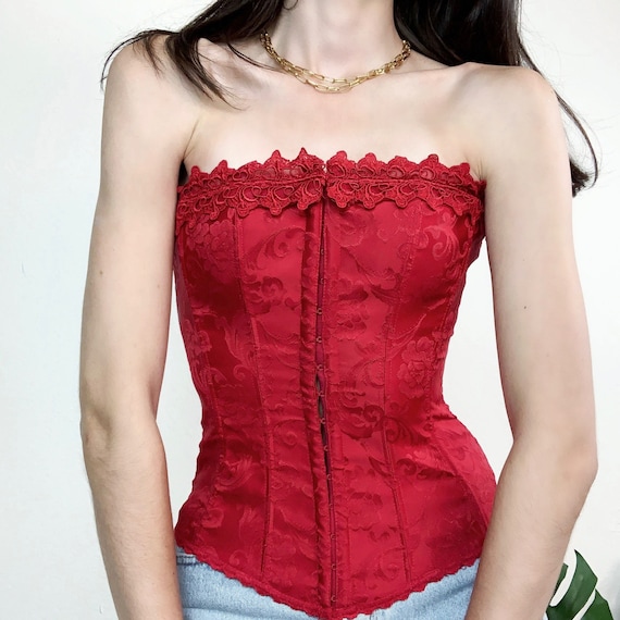 Sz 34 S M Vintage Y2K Red Fredericks of Hollywood Floral Print Lingerie Corset Etsy