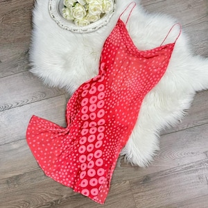 Sz S/M Vintage Y2K Victorias Secret Pure Silk Chiffon Red Polka Dot Lingerie Slip Dress