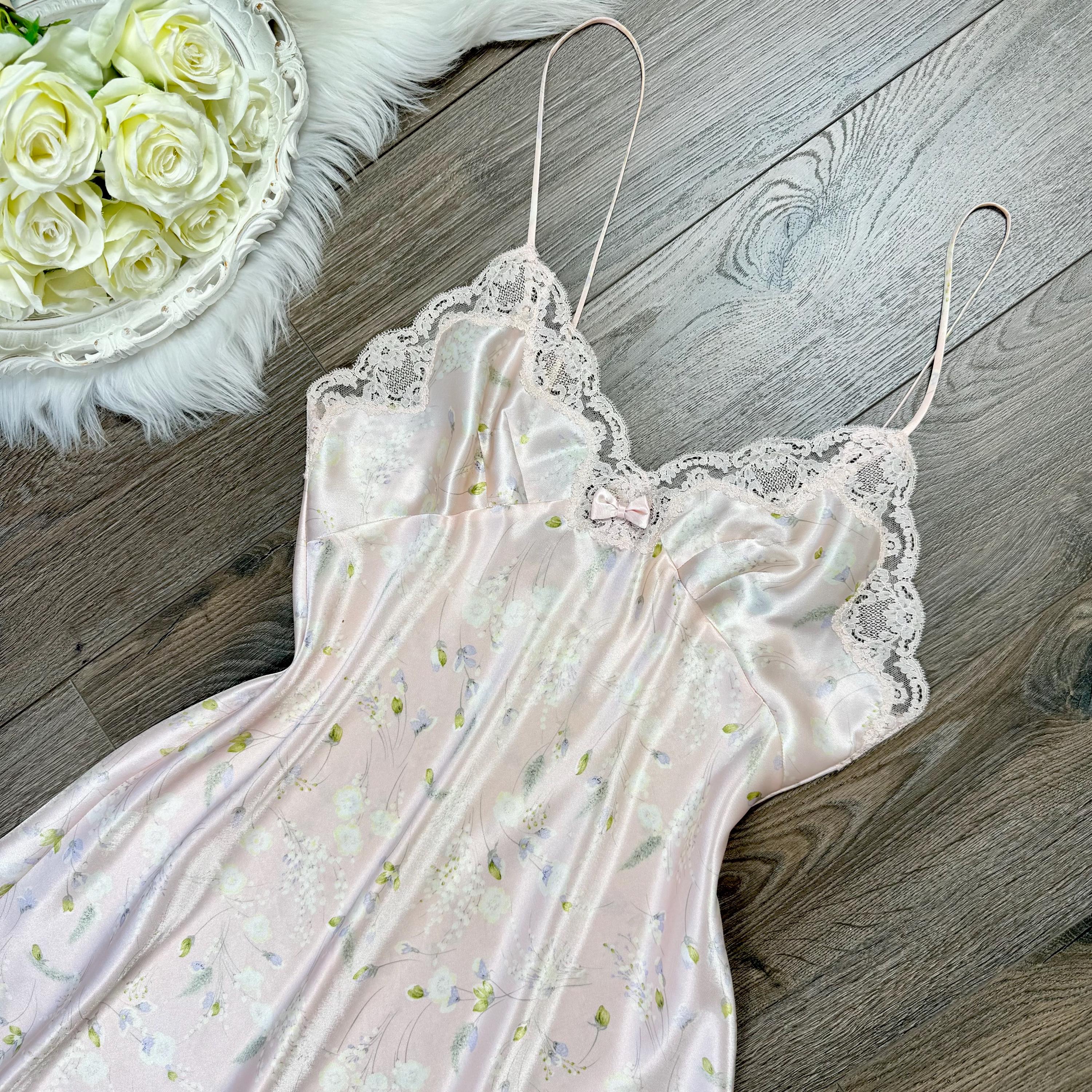 Sz L Vintage 90s Valentino Pink Floral Silky Lingerie Slip Dress