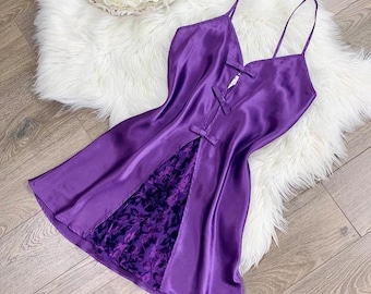 Sz S Vintage Valentino Purple Silky Lingerie Short Slip Dress