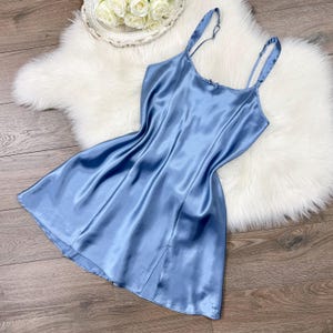 Sz M Vintage 90s Steel Blue Satin Lingerie Slip Dress