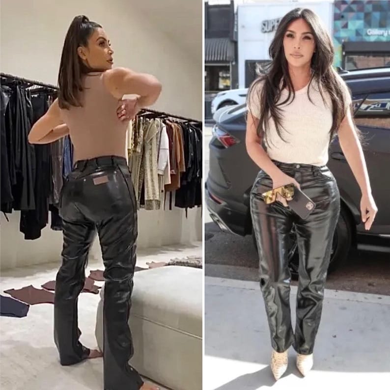 May include: Black leather trousers with a high waist and a slight flare at the bottom. The trousers have a shiny finish and are paired with a neutral-coloured top. The trousers have a small rectangular patch on the back pocket.