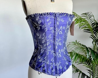 Maat 36//M Vintage jaren 90 Empire Intimates Deadstock Indigo zijdeachtige lingerie met bloemenprint en korset