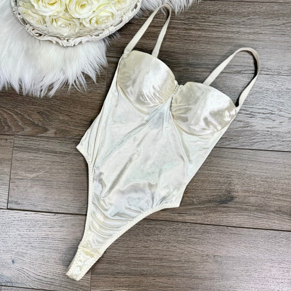 34B Vintage Oscar de la Renta Ivory Satin Lingerie Bodysuit