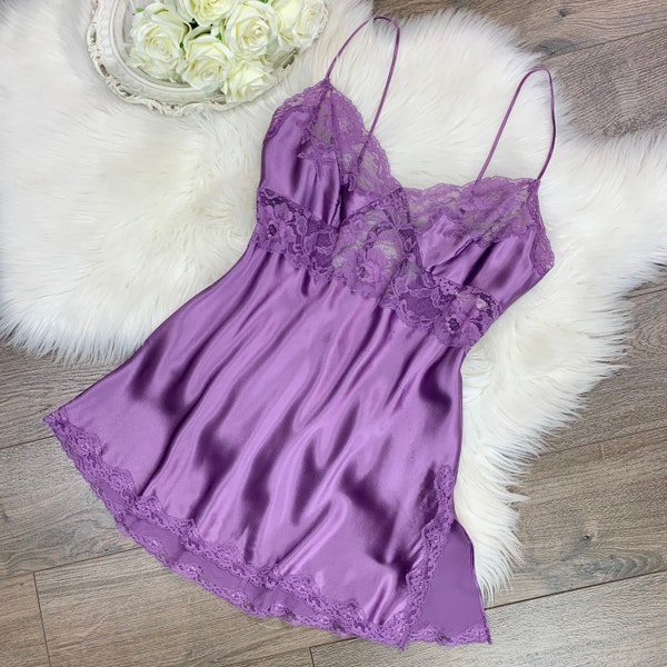 Sz S/M Vintage Y2K Victorias Secret Pure Silk Purple Lace Lingerie Short Slip Dress