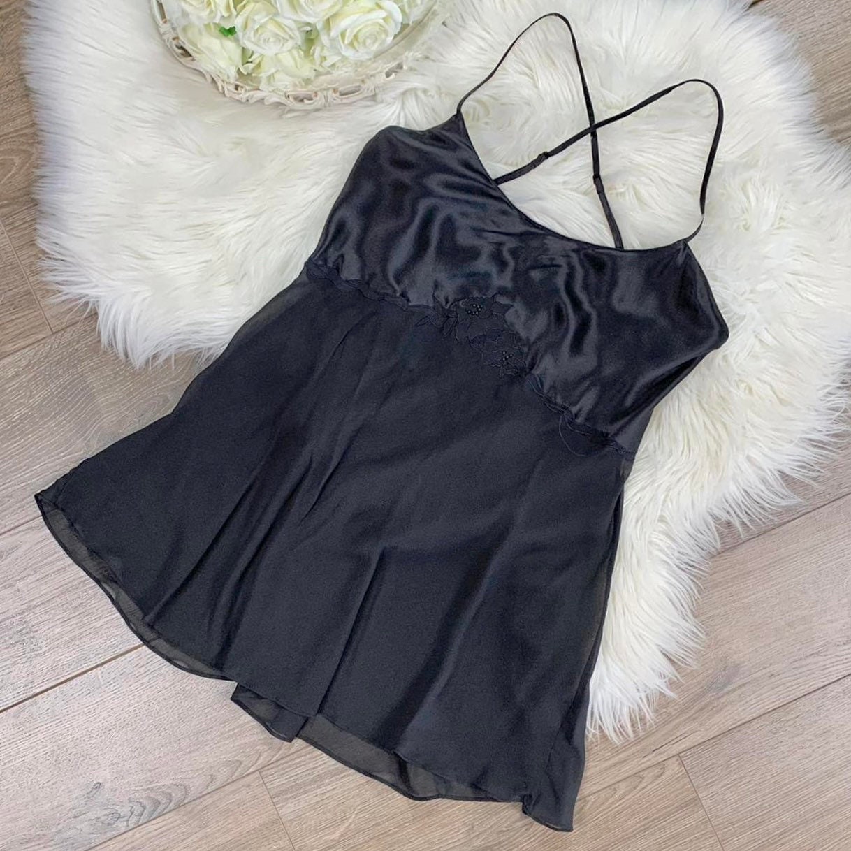 Sz M Vintage Victorias Secret Deadstock Pure Silk Black Lingerie Short Slip  Dress -  Finland
