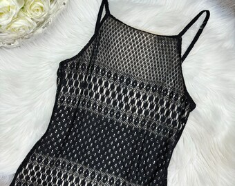 black crochet beaded dress Miracle Beaded Crochet Mini Dress
