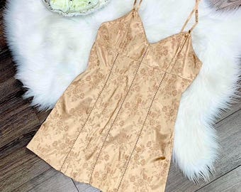 Sz XS Vintage 90s Victorias Secret Gold Floral Print Satin Lingerie Slip Dress