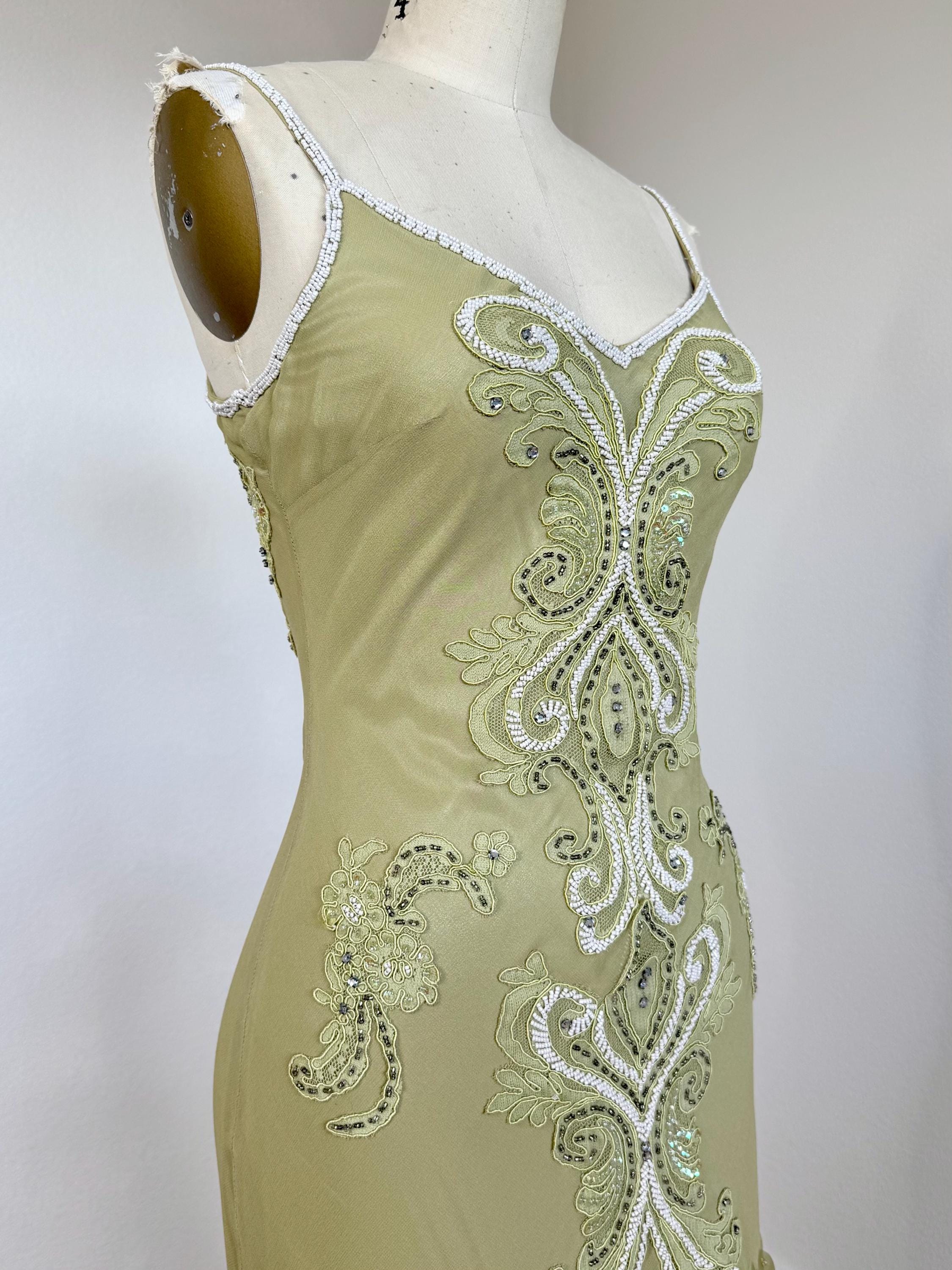 SUE WONG ビジュー刺繍ドレス シルク 緑 サイズ2 美シルエット Sz 2//XS/S Vintage Y2K Sue Wong Pistachio Green Pure Silk