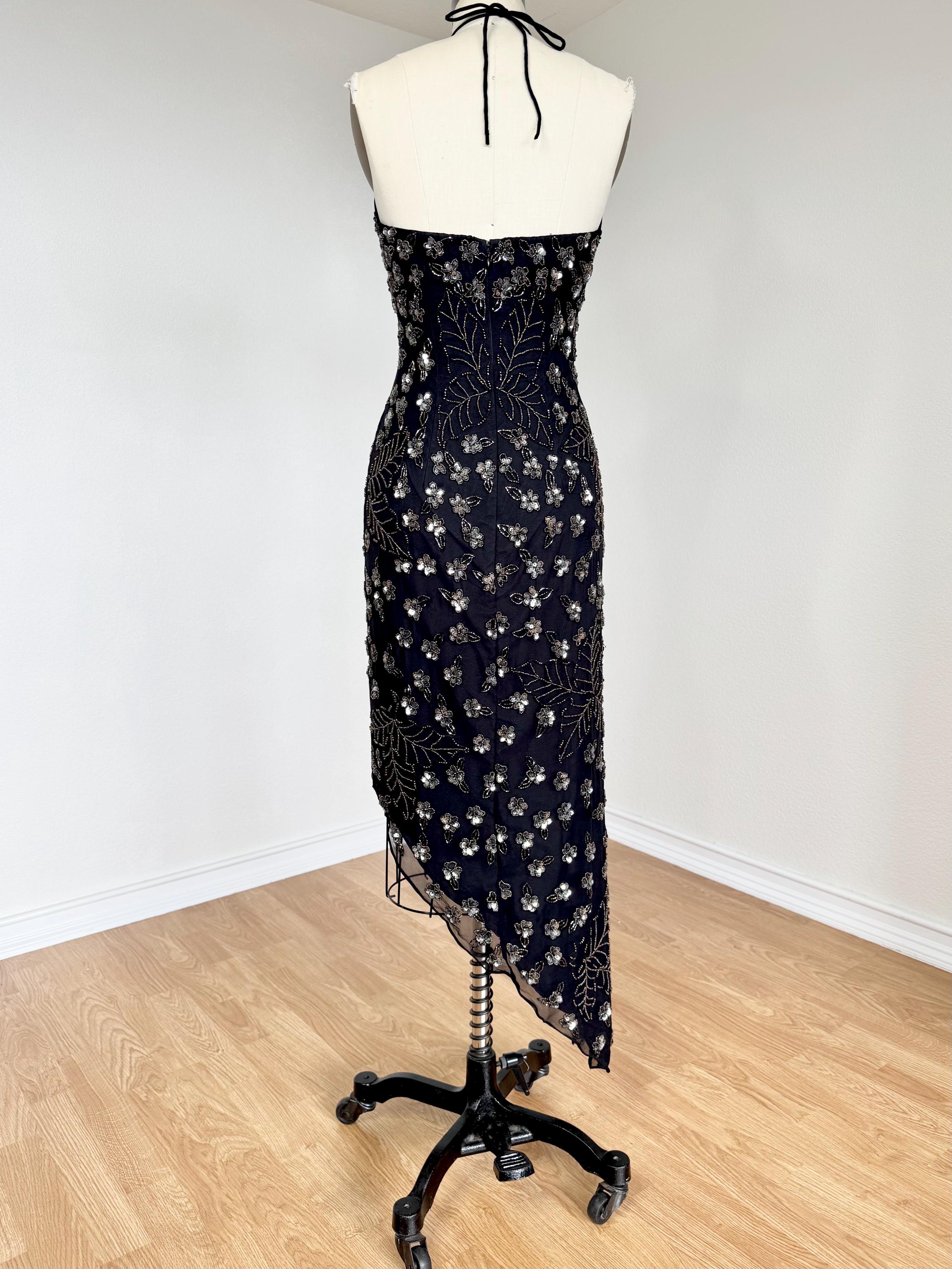 Sz XS Vintage Y2K Cache Black Pure Silk Beaded Asymmetrical