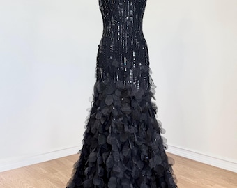 Talla 8 // Mediana Vintage Y2K Sue Wong Vestido de fiesta formal negro de seda pura con cuentas