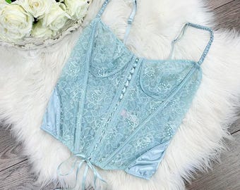 Sz 36C Vintage Y2K 00s Victorias Secret Ice Blue Lace Bustier Corset
