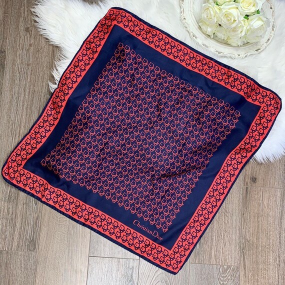 Vintage Christian Dior Pure Silk Red and Navy Monogram Print Scarf