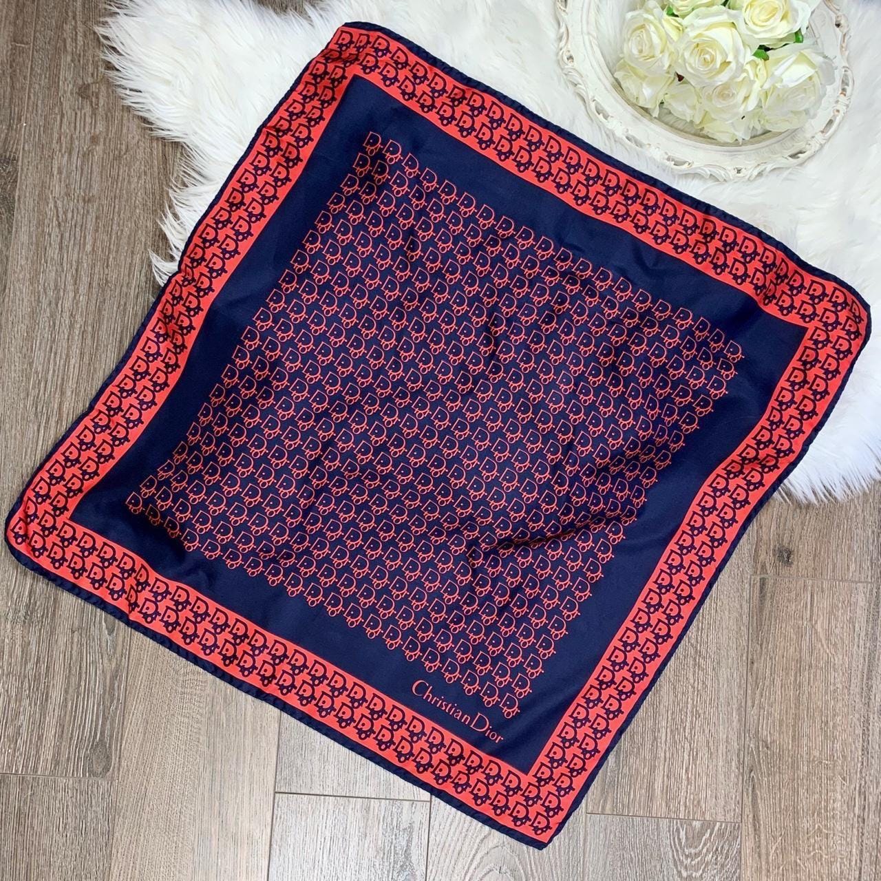 Vintage Christian Dior Pure Silk Red and Navy Monogram Print Scarf