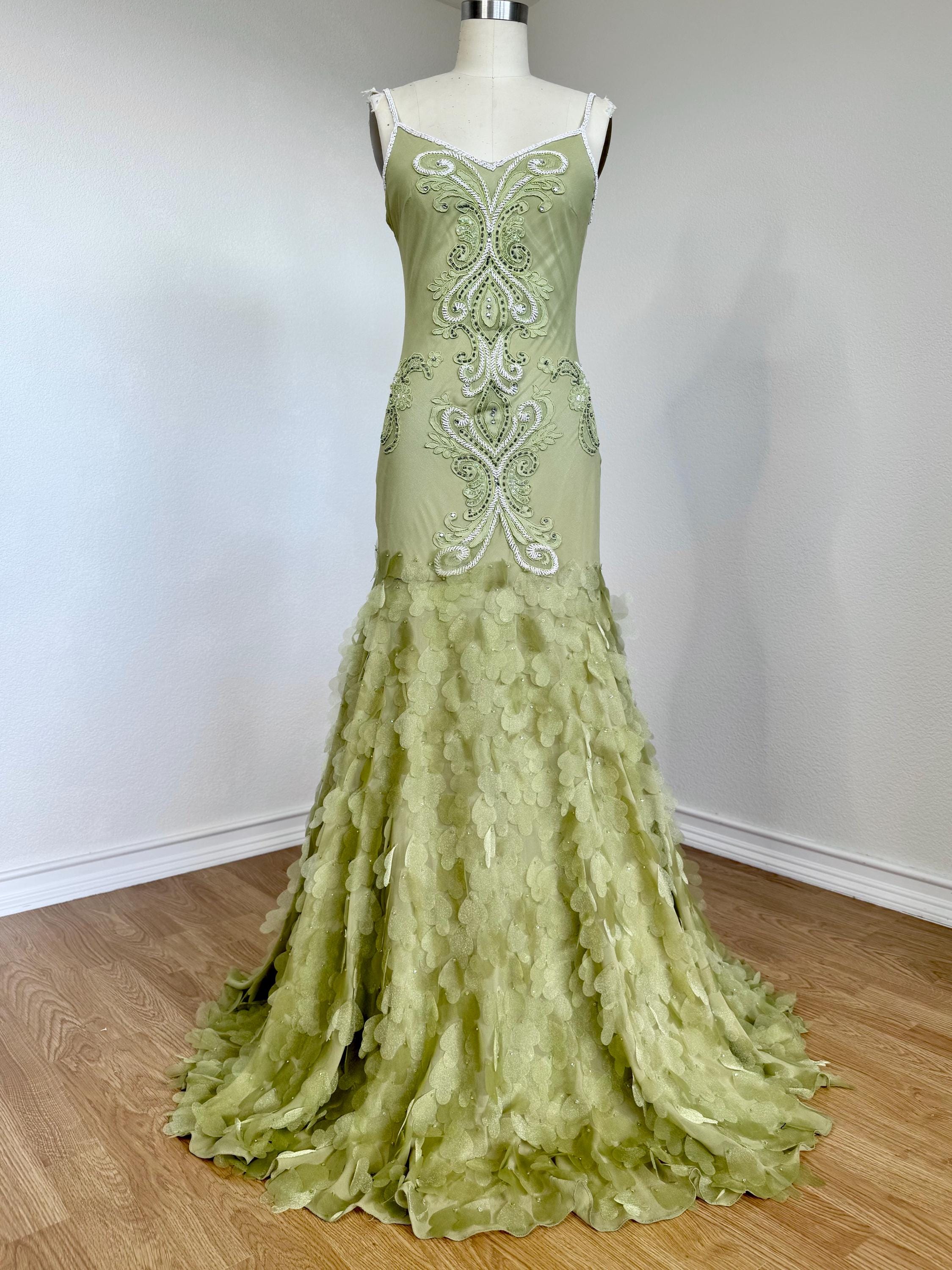 SUE WONG ビジュー刺繍ドレス シルク 緑 サイズ2 美シルエット Sz 2//XS/S Vintage Y2K Sue Wong Pistachio Green Pure Silk