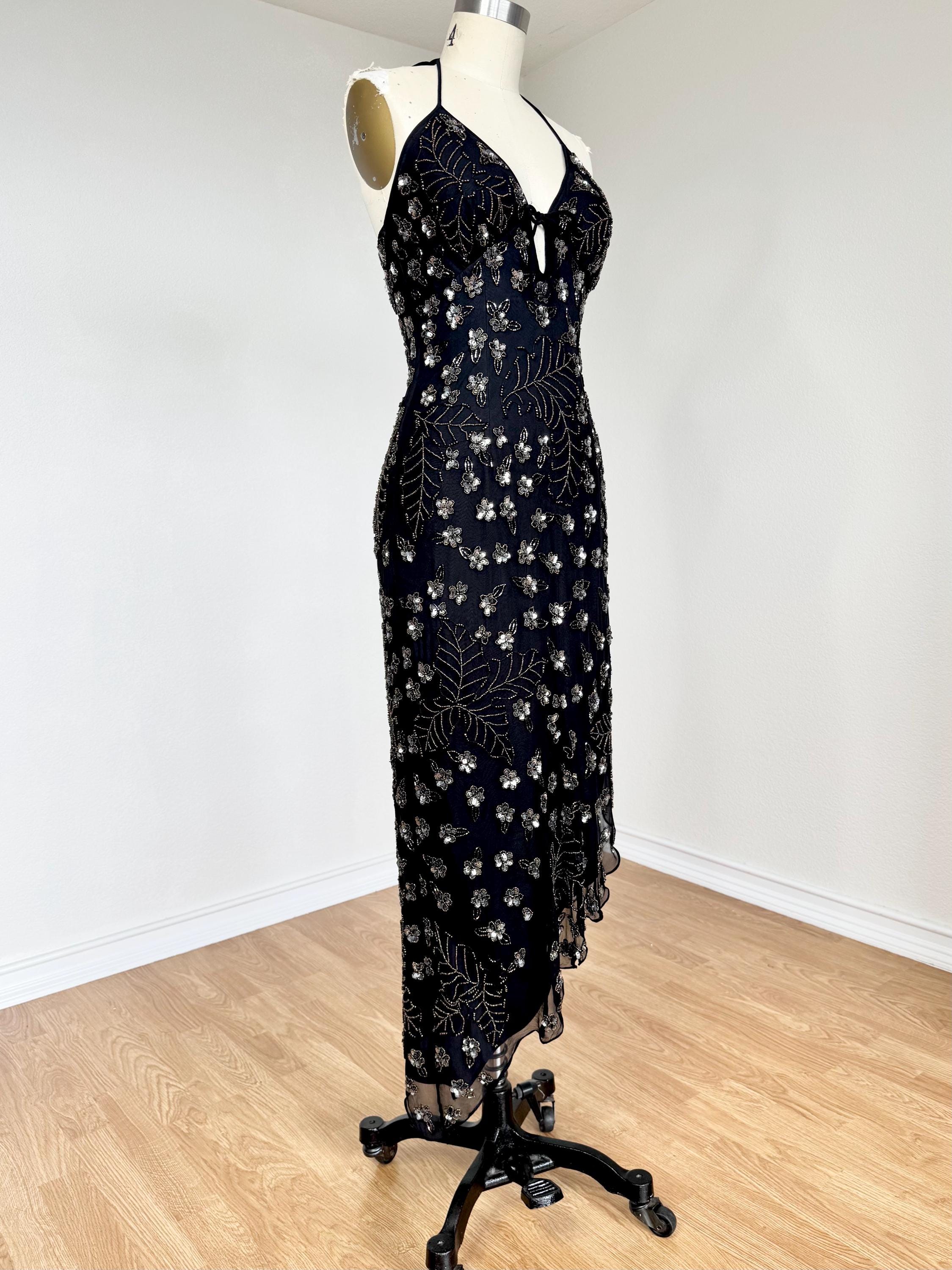 Sz XS Vintage Y2K Cache Black Pure Silk Beaded Asymmetrical Party Cocktail Wedding Guest Prom Dress
