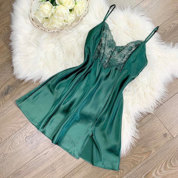 Sz M Vintage Victorias Secret Emerald Hunter Green Silky Lingerie Short  Slip Dress 