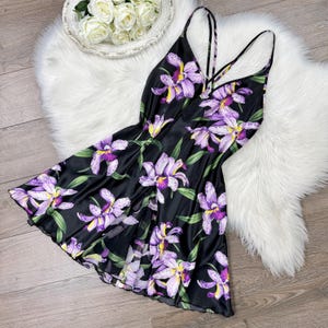 Sz M/L Vintage 90s Valentino Black and Purple Floral Print Silky Lingerie Slip Dress