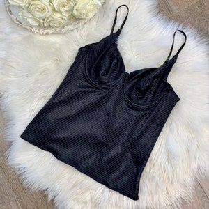 Sz S Vintage Schwarz Seidig Dessous Bustier Korsett Cami Tank Top