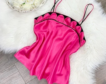 Sz S Vintage 90s Valentino Hot Pink Silky Lingerie Cami Tank Top