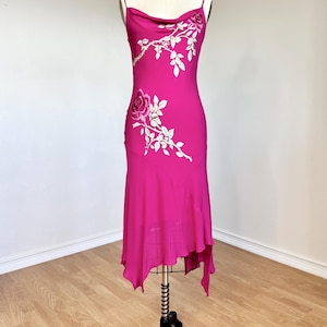 XS//0/2 Vintage Y2K Cache Magenta Pink Floral Rose Embroidered Pure Silk Asymmetrical Prom Dress