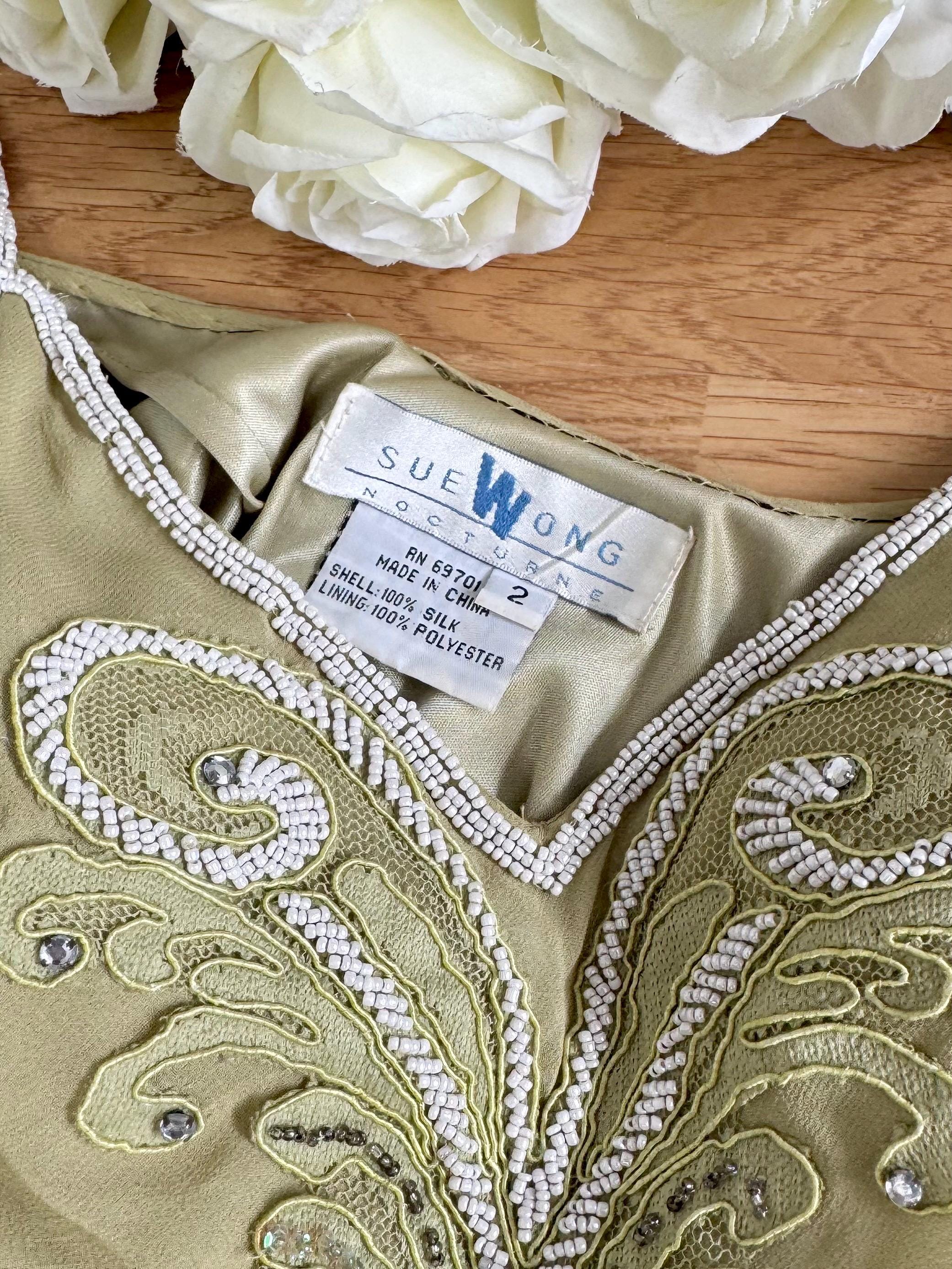 SUE WONG ビジュー刺繍ドレス シルク 緑 サイズ2 美シルエット Sz 2//XS/S Vintage Y2K Sue Wong Pistachio Green Pure Silk