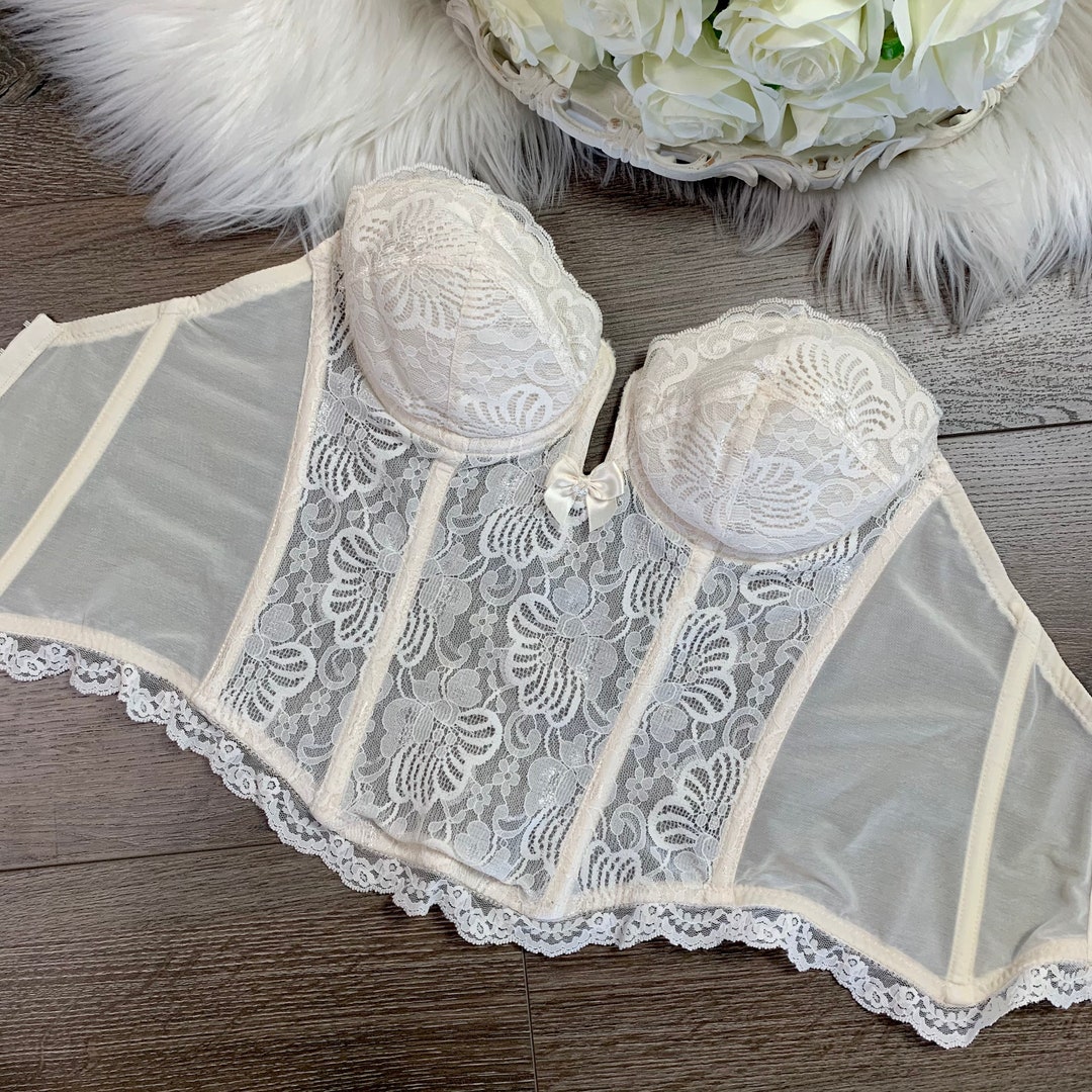 Vintage, Intimates & Sleepwear, Vintage 7s 80s Backless Floral Lace  Corset Long Bustier Bra Top Lingerie White