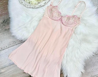 Maat 36B S/M Vintage jaren 90 Victorias Secret pure zijde chiffon roze lingerieonderjurk Victorias Secret