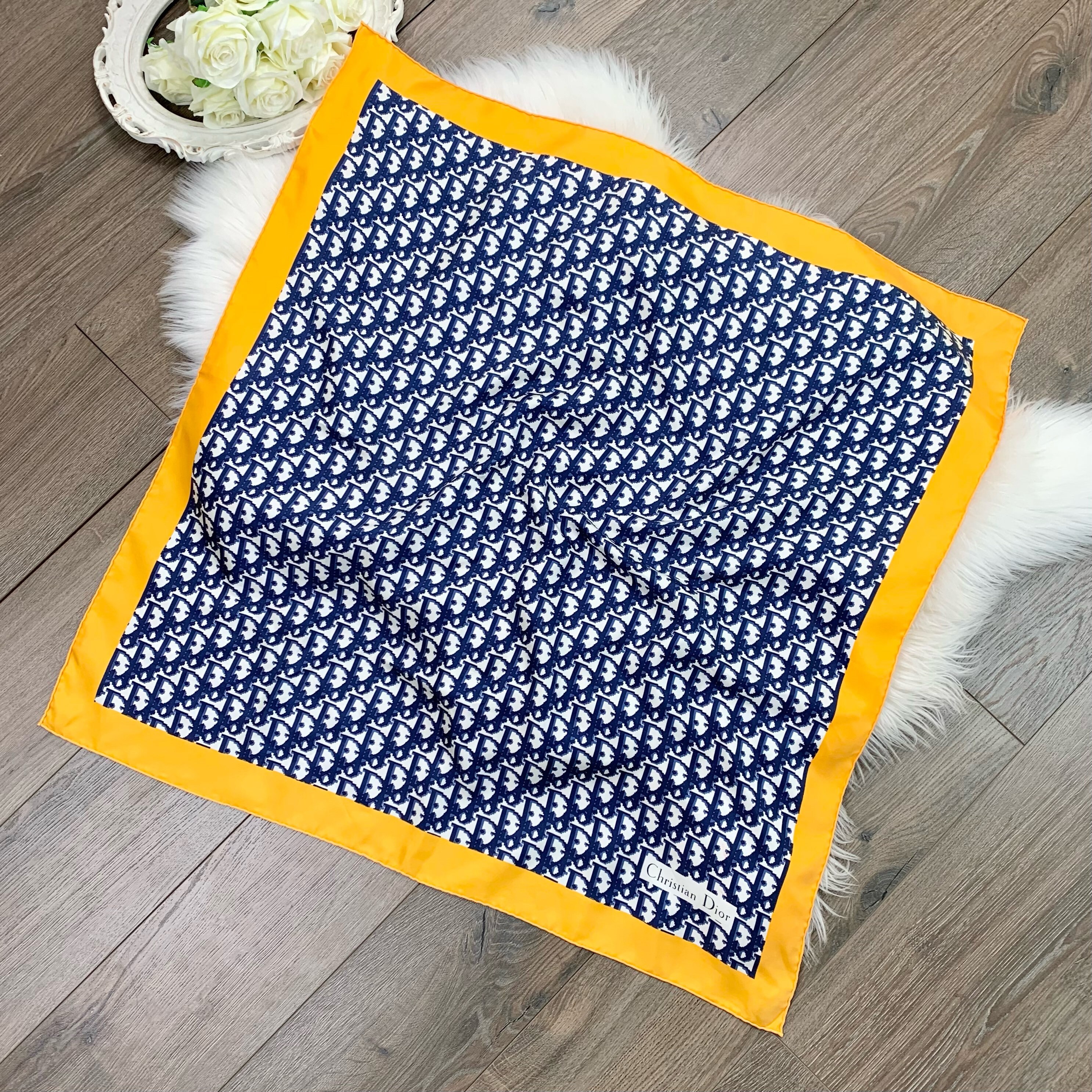 Christian Dior グラフィックプリントスカーフ Vintage Christian Dior Pure Silk Navy and Yellow Monogram Print