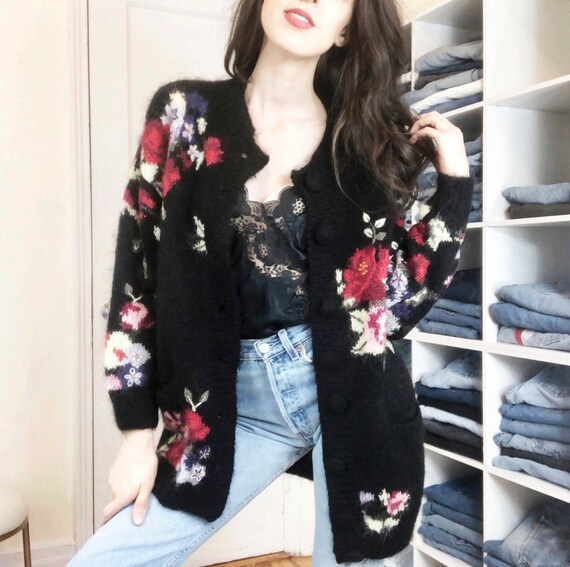 XS-M Vintage Hand Knit Mohair Black Floral Oversiz